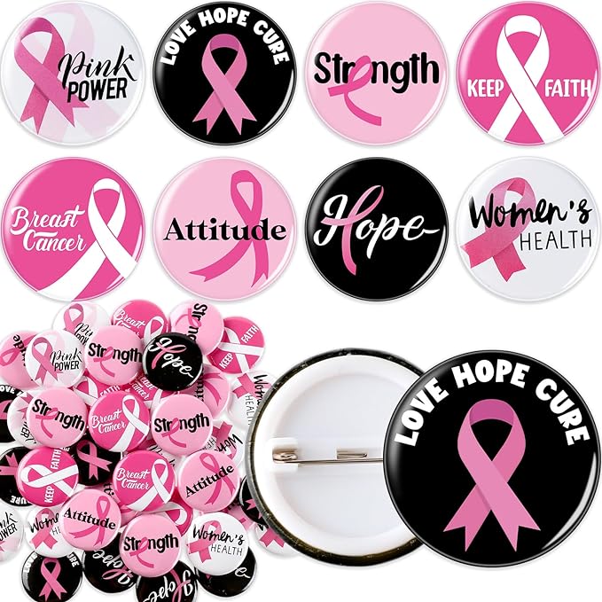 Photo 1 of 24 Pcs Breast Cancer Awareness Buttons Pin Bulk Pink Ribbon Novelty Button Pins Hope Strength Pinback Buttons for Survivor Campaign Public Event Charity Recognition Fundraiser