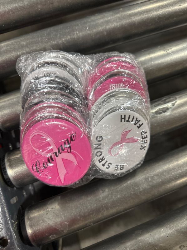 Photo 2 of 24 Pcs Breast Cancer Awareness Buttons Pin Bulk Pink Ribbon Novelty Button Pins Hope Strength Pinback Buttons for Survivor Campaign Public Event Charity Recognition Fundraiser