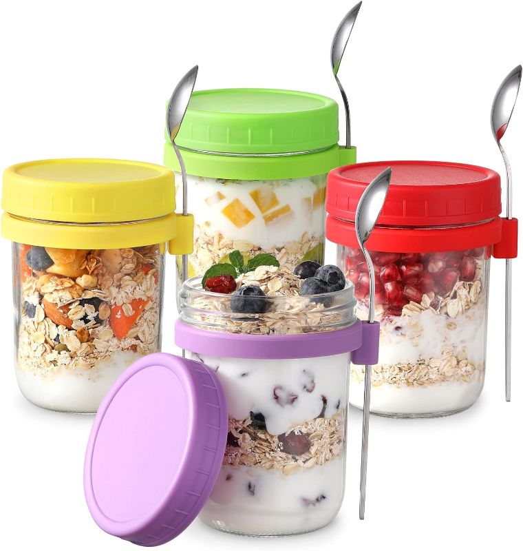 Photo 1 of  4 Pack Overnight Oats Containers with Lids and Spoons, 16 oz Glass Mason Overnight Oats Jars, Large Capacity Airtight Jars for Milk, Cereal, Fruit