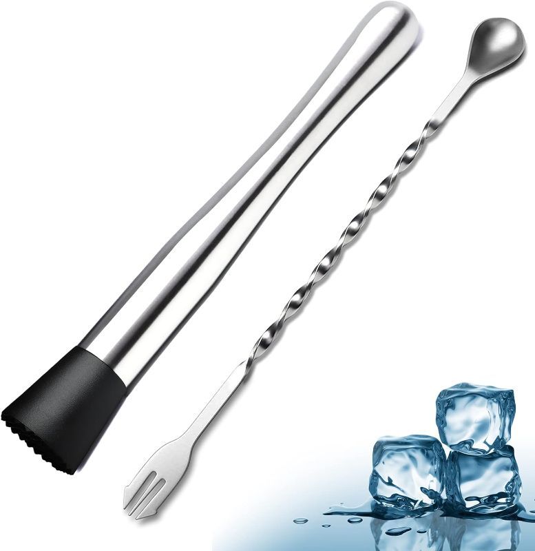 Photo 1 of 10 Inch Stainless Steel Cocktail Muddler and Mixing Spoon, 2 Pieces Home Bar Tool Bartender Set for Cocktails Mojitos Ice Fruit Drinks
