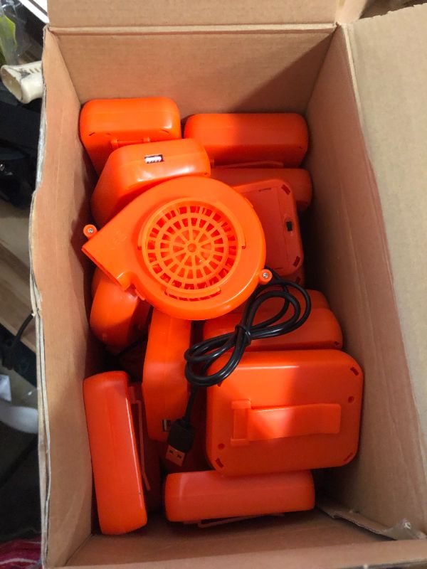 Photo 1 of Hiboom 16 Pack Mini Blower Fan Inflatable Costume Fan Blower Portable Blower Fan Replacement for Dinosaur Costume Doll Mascot Head Halloween Inflatable Game Clothing Suit, Orange