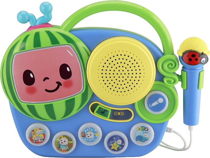 Photo 1 of eKids Auxiliary Cocomelon Toy Singalong Boombox with Microphone for Toddlers, Built-in Music and Flashing Lights, Fans of Cocomelon Gifts
