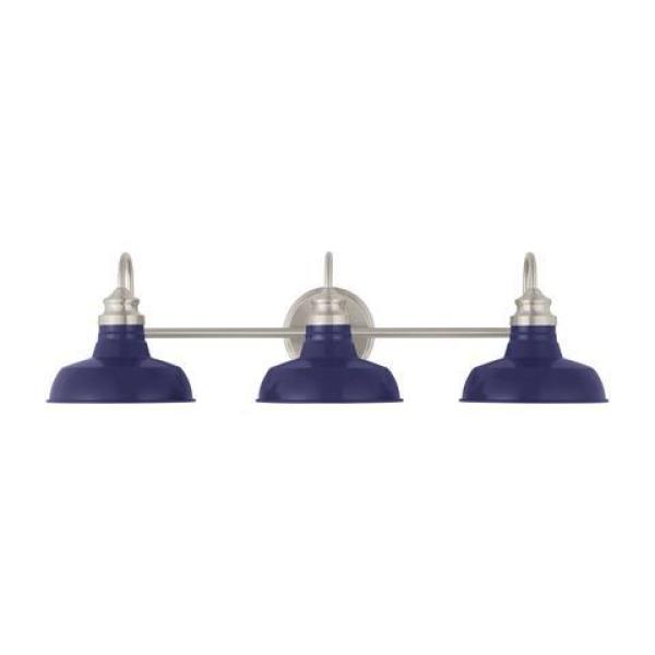 Photo 1 of  Elmcroft 29 in. 3-Light Brushed Nickel Modern Farmhouse Bathroom Vanity Light with Cobalt Blue Metal Shades 