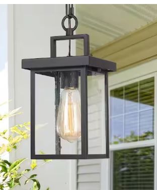 Photo 1 of 1-Light Black Square Outdoor Pendant Light for Patio Modern Outdoor Hanging Light with Seeded Glass Shade
