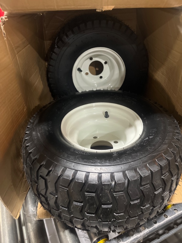 Photo 2 of (2-Pack) 18” Tubeless Tires On Rims - 18x8.5-8 Tire and Wheel Assemblies - 4-Lug 4” Center - 2.83” Center Bore - Load Range B Max Tire Weight of 815 Lbs - Compatible with Alumacraft Boat Trailers 18"x8.5-8" white