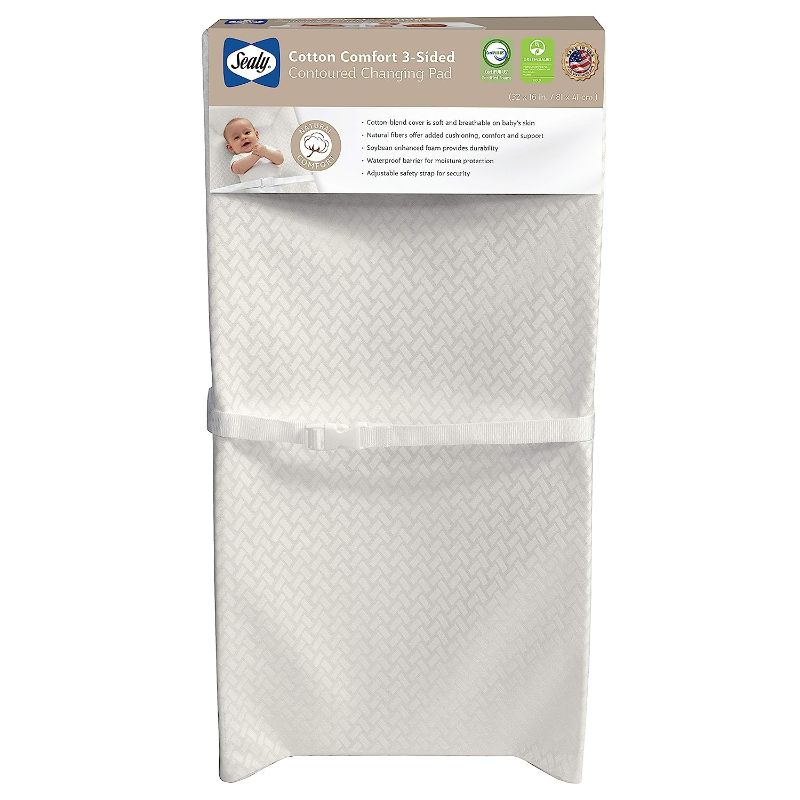 Photo 1 of  Sealy Cotton Comfort Waterproof 3-Sided Contoured Baby Diaper Changing Pad for Dresser or Changing Table - White, 32” x 16” 