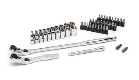 Photo 1 of 1/4 in. Drive 6-Point SAE/Metric Slim Flex-Head Ratchet and Socket Mechanics Tool Set (55-Piece)
