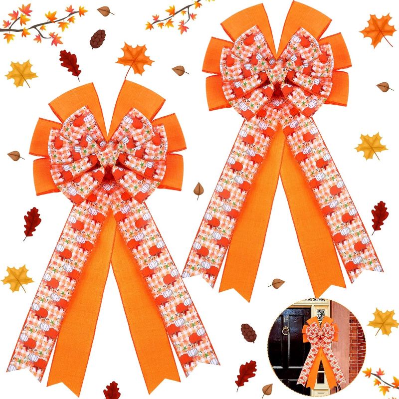 Photo 1 of Zeyune 2 Pcs Fall Wreath Bows Large Pumpkin Buffalo Plaid Bows Decor Double Layer Thanksgiving Tree Topper for Autumn Holiday Indoor Outdoor Front Door Wall Decorations (Vintage) 