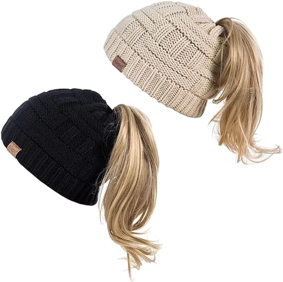 Photo 1 of Alepo Womens High Messy Bun Beanie Hat with Ponytail Hole, Winter Warm Trendy Knit Ski Skull Cap 