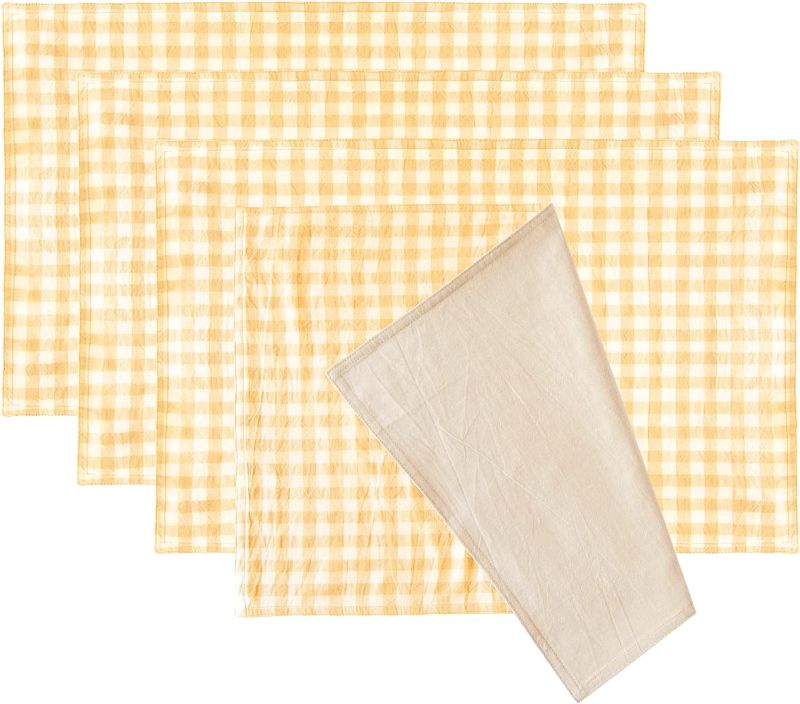 Photo 1 of (3 pk) MONDAY MOOSE Gingham Checkered Plaid Farmhouse Rustic Style Decoration Rectangle Natural Reversible Stonewashed Cotton Placemats, Set of 4 Tabletop for Kitchen, Dining Room (12x18 inch, Yellow/Beige)