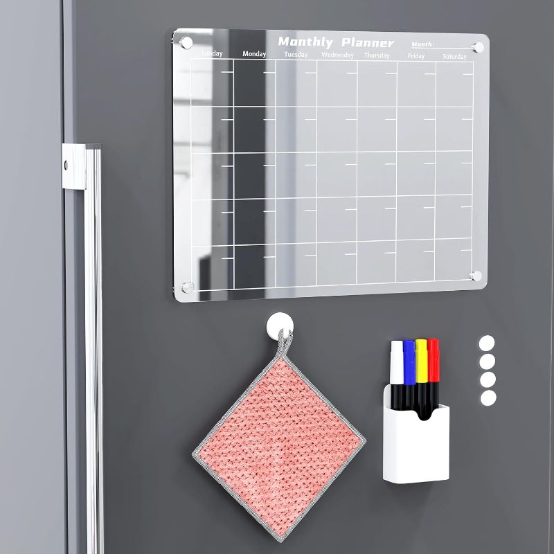 Photo 1 of Execkart: Acrylic Dry Erase Calendar Board for Fridge, Monthly Magnetic Calendar for Fridge Includes 4 Markers, 1 Cloth, 1 Cloth-Holder and 1 Marker-Holder. (Calendar Dimensions: 15.7 X 11.8 Inches)
