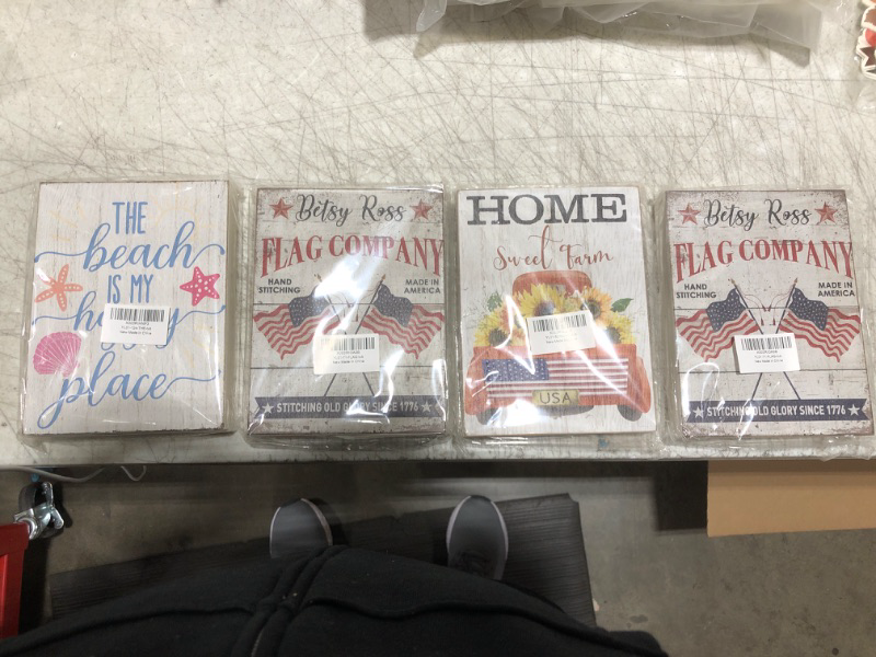 Photo 2 of (4 pack) Farmhouse Retro Flag Company Patriotism America Wooden Box Sign Artwork Summer Wood Plaque Block Desk Sign Home Office Table Shelf Decor 6 x 8 Inches