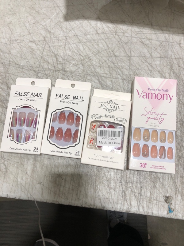 Photo 2 of (4 pack) Vaisoeny Press On Nails, Medium Coffin Fake Nails Aurora Colors Artificial Nails Glossy Full Cover Acylic False Nails Glue on Nails for Women and girls.24PCS