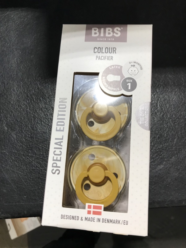 Photo 2 of BIBS Tie-Dye Baby Pacifier | BPA-Free Natural Rubber Baby Pacifier | Made in Denmark | Mustard/Ivory 2-Pack (0-6 Months)