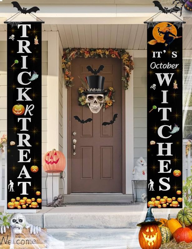 Photo 1 of 2 PACK Halloween Decorations Outdoor, Trick or Treat & It's October Witches, Large Halloween Front Porch Banner Sign. Halloween Porch Decor Wall Decor for Indoor Home Halloween Party Gift