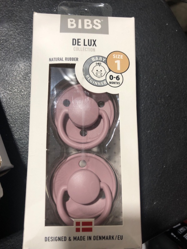 Photo 2 of BIBS Pacifiers – De Lux | BPA-Free Natural Rubber Baby Pacifier | Made in Denmark | Set of 2 Soothers (Pink Plum, 0-6 Months Natural Rubber) 0-6 Month Natural Rubber Pink Plum