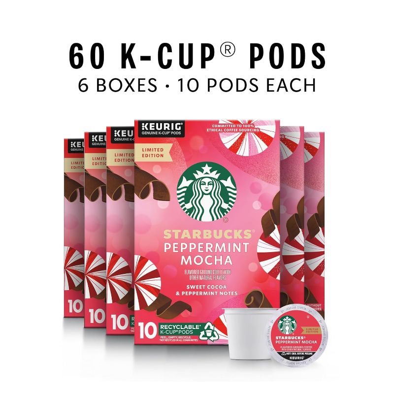 Photo 1 of Starbucks K-Cup Coffee Pods, Peppermint Mocha Naturally Flavored Coffee for Keurig Brewers, 100% Arabica, Limited Edition Holiday Coffee, 6 Boxes (60 Pods Total)---EXP 26 MAY 2024