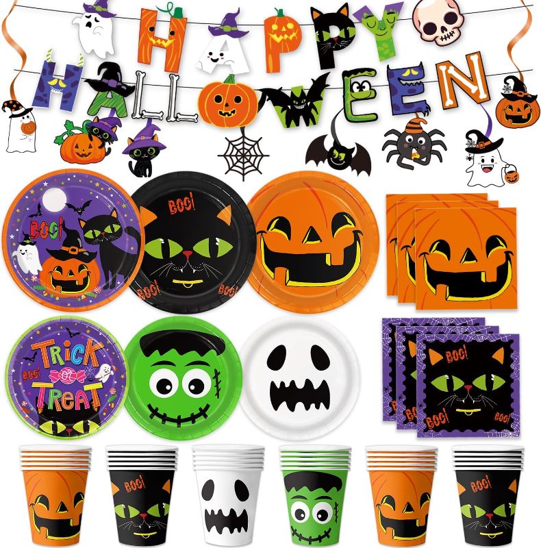 Photo 1 of 105 Pcs Halloween Party Supplies Tableware Set for Halloween Holiday Party Decorations Includes Trick or Treat Plates, Napkins, Cups, Hanging Swirls, Banner, Serves 24 