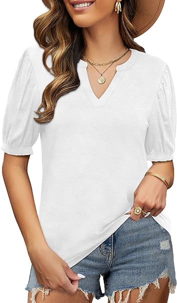 Photo 1 of Elesomo Womens Tops Casual V-Neck Loose Short Puff Sleeve Summer Shirt