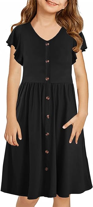 Photo 1 of 10-11 YRS Girls Short Sleeve Button Down Ruffle Casual A-line Swing Midi Dress with Pocket