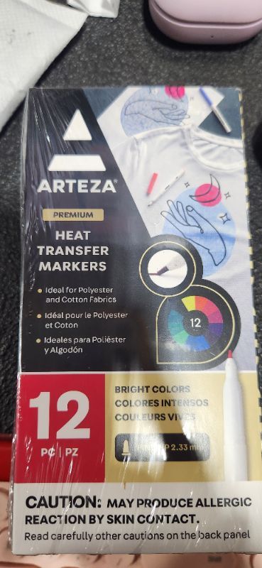 Photo 2 of Arteza Heat Transfer Fabric Markers, 12 Colors, Fade-Resistant Heat Transfer Ink, Smooth-Flow Fine 2.33-mm Tip, for Polyester and Cotton Garments Description of The Issue - It's Correct Multicolor Set of 12