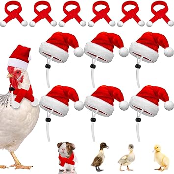 Photo 1 of 12 Pieces Chicken Christmas Hats Scarf Red Santa Hat Cloak and Scarf Pet Costumes with Adjustable Chin Strap for Hens Duck Rabbit Kitten Christmas Supplies