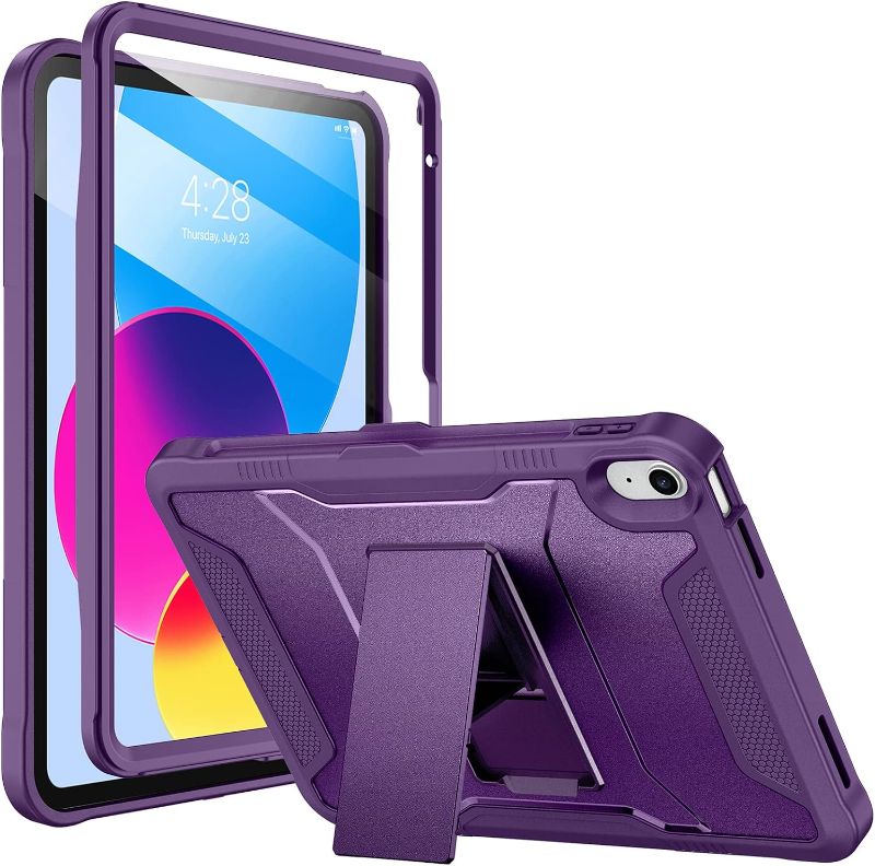 Photo 1 of  iPad 10th Generation 10.9-inch 2022, with Built-in Screen Protector and Kickstand, Rugged Full Body Protective Cover for New Apple iPad 10.9 Inch - Purple
