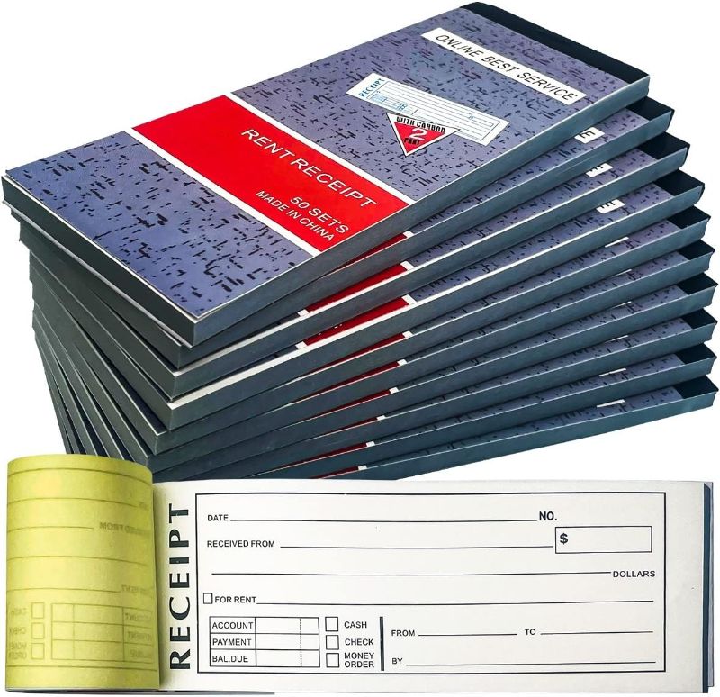 Photo 1 of 10 Pack Rent Receipt Book with Carbon Copy Duplicate 2 Parts 50 Sets Size: 8" X 2.75"