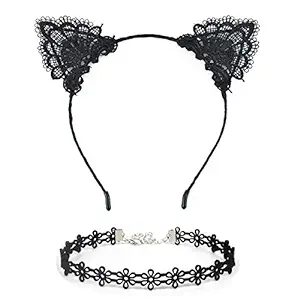 Photo 1 of Ferenu 2PCS Black Lace Cat Ear Headbands & Lace collar for Birthday Party Gift Women Hoop Head Girls Ear Cat Hairband Headwear Hair Accessories