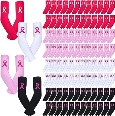 Photo 1 of Hiboom 100 Pairs Breast Cancer Awareness Sleeves Compression Arm Sleeves Pink Ribbon Sports Arm Sleeves Assorted Colors Arm Sleeves for Men Women Charity Sport Volunteer Gift