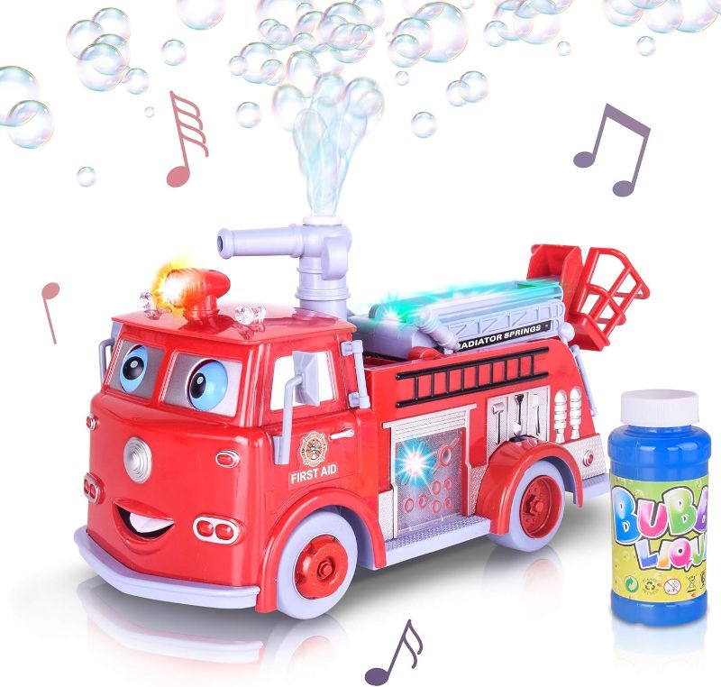 Photo 1 of ArtCreativity Bubble Blowing Fire Engine Toy Truck for Kids - Awesome Light Up LED and Siren Effects - Bubble Solution with Funnel Included - Best Birthday Gift for Boys and Girls 5+