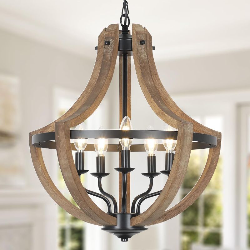 Photo 1 of 19.2" Modern Farmhouse Chandelier Light Fixtures, 5-Light Dining Room Light Fixtures Over Table, Rustic Hanging Lights for High Ceiling, Wood Chandeliers for Dining Room Kitchen Island Bedroom Foyer