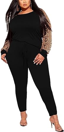 Photo 1 of (5XL)  Nhicdns Women's Plus Size 2 Piece Outfits Sexy Leopard Long Sleeve Tops and Sweatpans Sweatsuits Tracksuits 