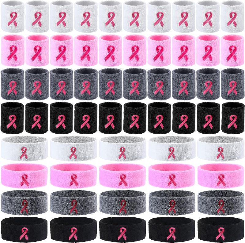 Photo 1 of 60 Pieces Breast Cancer Awareness Sweatbands Bulk Includes 20 Breast Cancer Ribbon Headband and 40 Sports Wristbands with Ribbon Pattern for Women Men Tennis Basketball Outdoor Athletic
