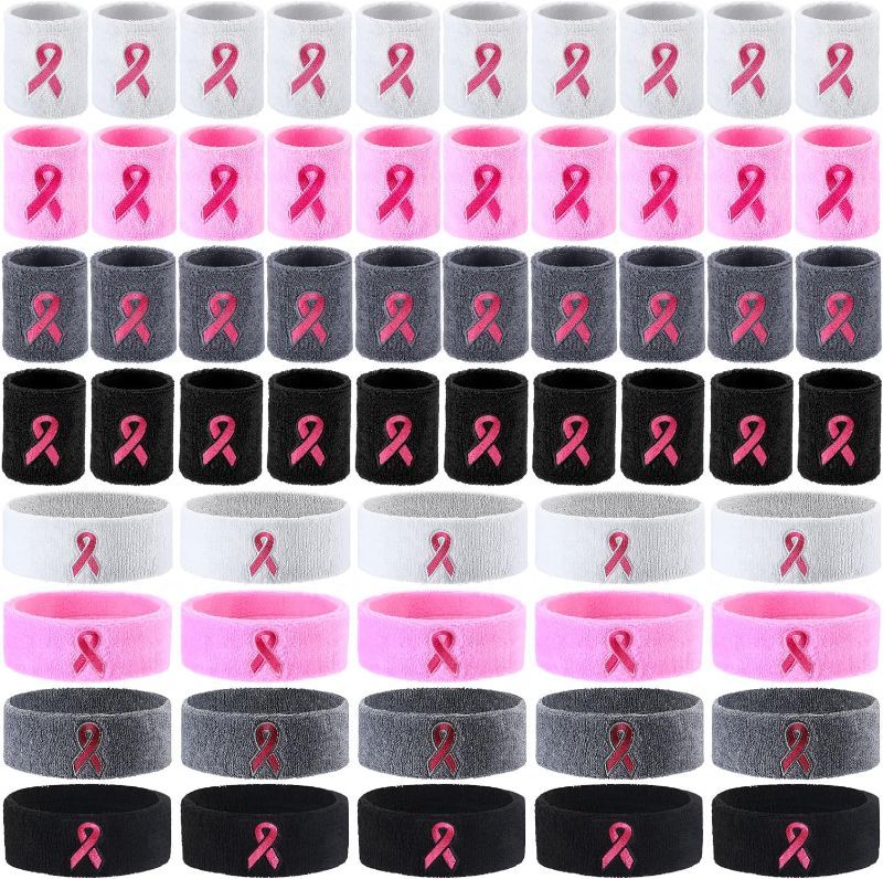 Photo 1 of 60 Pieces Breast Cancer Awareness Sweatbands Bulk Includes 20 Breast Cancer Ribbon Headband and 40 Sports Wristbands with Ribbon Pattern for Women Men Tennis Basketball Outdoor Athletic
