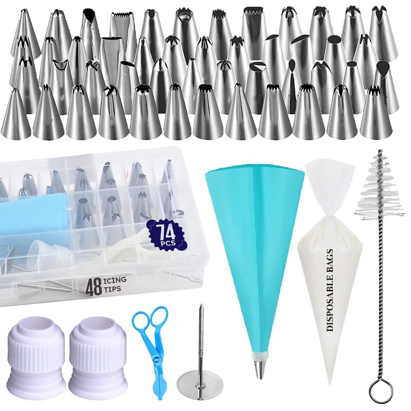 Photo 1 of 74PCS Piping Bags and Tips Set -Professional Cake Decorating Kit -48 Numbered Piping Tips, 20 Disposable Icing Bags, 1 Reusable Piping Bag, 2 Couplers, 1 Flower Nail, 1 Flower Lifter & Cleaning Brush