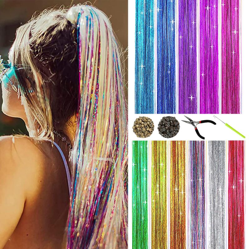 Photo 1 of BEFUNNY Hair Tinsel—11 Colors Hair Tinsel Kit For Girls/Kids, Sparkle Fairy Hair Extensions Heat Resistant With Tools,46 Inch 2200 Strands Tinsel Hair Extensions Accessories for Christmas Party Multi-12 Colors