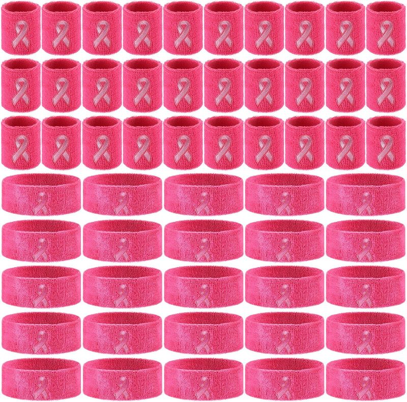 Photo 1 of 60 Pieces Breast Cancer Awareness Sweatbands Bulk Includes 20 Breast Cancer Ribbon Headband and 40 Sports Wristbands with Ribbon Pattern for Women Men Tennis Basketball Outdoor Athletic
