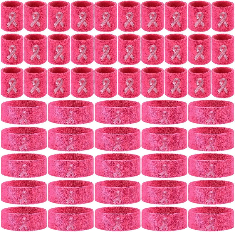 Photo 1 of 60 Pieces Breast Cancer Awareness Sweatbands Bulk Includes 20 Breast Cancer Ribbon Headband and 40 Sports Wristbands with Ribbon Pattern for Women Men Tennis Basketball Outdoor Athletic
