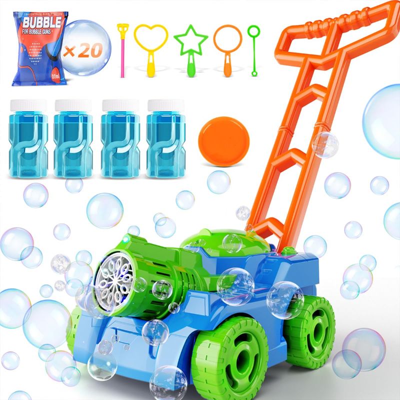Photo 1 of Bubble Lawn Mower for Toddler, Automatic Bubble Mower Set Incl. Bubble Solution & Bubble Wands, Kids Lawn Mower Bubble Machine w/Light, Baby Push Toy for Toddler Outdoor Toys-Blue Bubble Blowers Bubble Mower - Blue