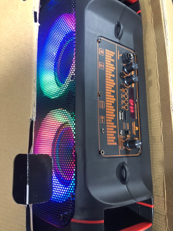 Photo 3 of Max Power Boombox - MPD421 Portable Boombox Stereo Speaker System - Multi LED Ring Lights - Wireless Bluetooth Speaker with Mic and Remote - Rechargeable Battery Perfect for Indoor and Outdoor.