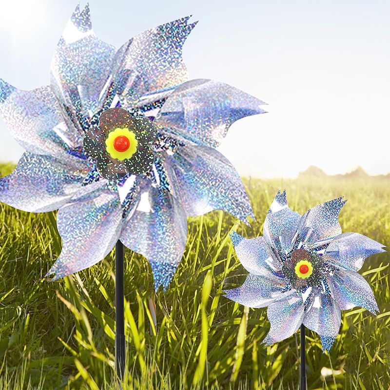 Photo 1 of 12 Packs Pinwheels for Yard and Garden,Reflective Pinwheels with Stakes, Upgrade 8 Pages Sparkly Wind Sculptures for Garden Decor,Silver Wind Spinner for Lawn,Patio