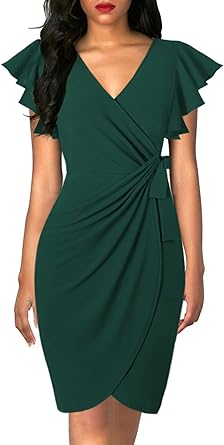 Photo 1 of BINOVISOR Women's Cocktail Faux Wrap Dresses Deep V Neck Ruffle Sleeve Ruched Party Work Formal Dress 