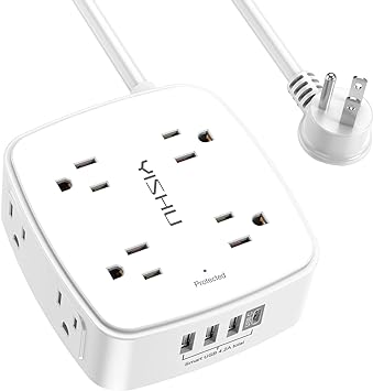 Photo 1 of 10 Ft Surge Protector Power Strip - YISHU 3 Side Outlet Extender with 8 Widely AC Outlets and 4 USB Ports, 10 Feet Extension Cord with Flat Plug, Wall Mount Desk USB Charging Station, ETL,White 