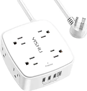 Photo 1 of 10 Ft Surge Protector Power Strip - YISHU 3 Side Outlet Extender with 8 Widely AC Outlets and 4 USB Ports, 10 Feet Extension Cord with Flat Plug, Wall Mount Desk USB Charging Station, ETL,White
