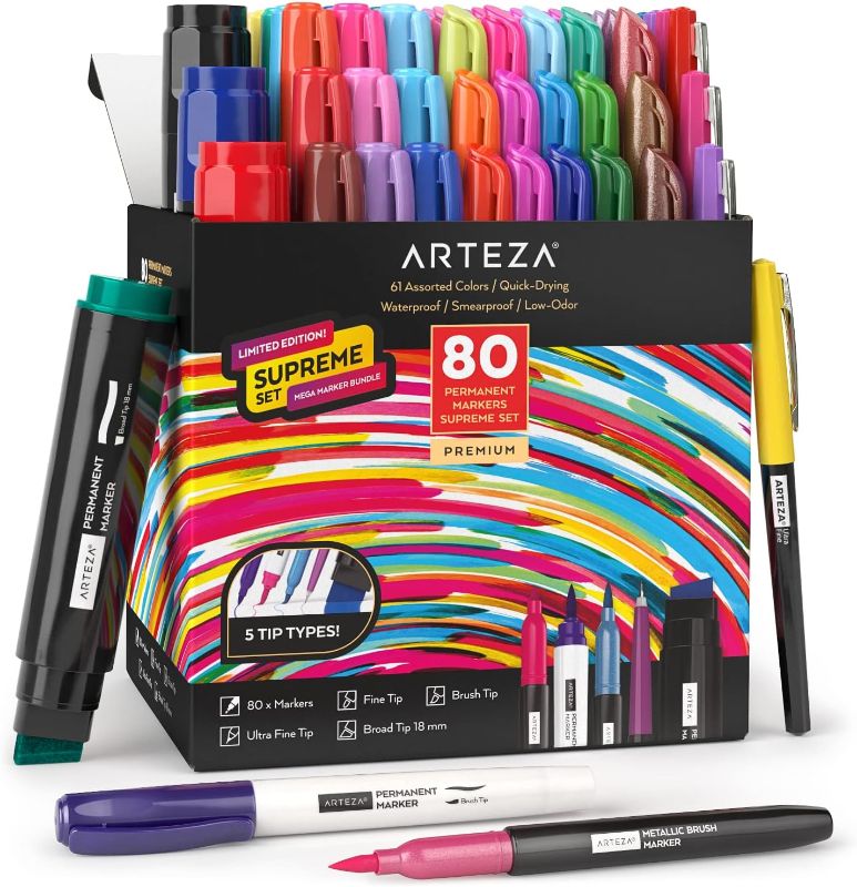 Photo 1 of ARTEZA Permanent Markers, Set of 80, 61 Assorted Colors , Waterproof
