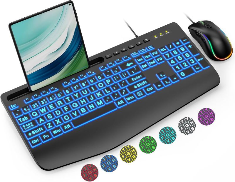 Photo 1 of Wired Keyboard and Mouse Combo, Large Print Backlit Keyboard with Wrist Rest and 7-Color Backlit, Lighted Computer Keyboards Easy to See, Light Up USB Keyboard Mouse Combo for PC, Windows, Laptop
