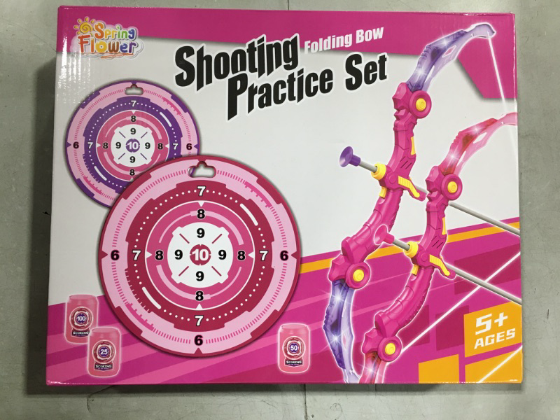 Photo 1 of Bow and Arrow Toys for Girls 5 6 7 8 Years Old, Archery Set Includes Super Bow with LED Lights, 10 Suction Cups Arrows,Archery Set with Standing Target and 3 Target Cans, for Girls