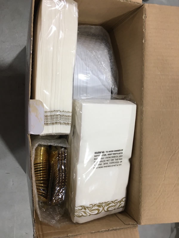 Photo 2 of 350 Piece Gold Dinnerware Set for 50 Guests, Plastic Plates Disposable for Party, Include: 50 Gold Rim Dinner Plates, 50 Dessert Plates, 50 Paper Napkins, 50 Cups, 50 Gold Silverware Set