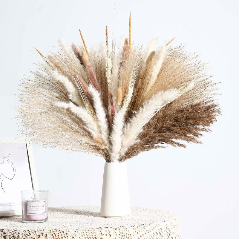 Photo 1 of 102PCS Natural Pampas Grass Dried Flowers Bouquet, Boho Home Decor Dried Plants Bouquet for Wedding Floral Arrangements Home Decorations